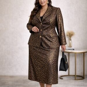Katherine Bishop Gold Leopard Print Skirt Suit Set Blazer Midi Skirt Sz 24W NWT